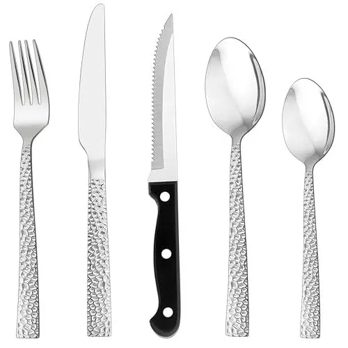 Produktbild: Besteck Set, HaWare 36-teiliges Edelstahl Besteckset mit Steakmesser für 6 Personen, Modernes Essbesteck Set mit Hammergriff, Messer Gabel Löffel Set für Zuhause/Restaurant, Spülmaschinenfest
