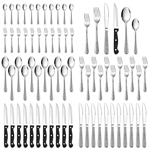 Produktbild: Besteck Set, HaWare 72-teiliges Edelstahl Besteckset mit Steakmesser für 12 Personen, Modernes Essbesteck Set mit Hammergriff, Messer Gabel Löffel Set für Zuhause/Restaurant, Spülmaschinenfest