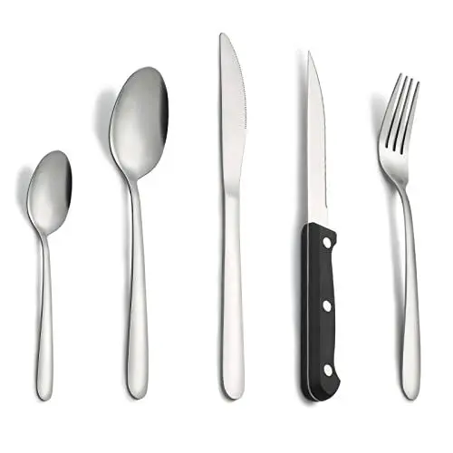 Produktbild: Besteck Set, Pleafind 30 teilig Besteck Set für 6 Personen, Besteck aus Edelstahl in Lebensmittelqualität, Besteckset, Essbesteck inklusive Löffel, Messer, Gabel, Steakmesser, Spülmaschinenfest