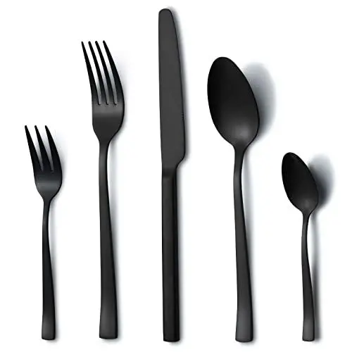 Produktbild: Besteck Set Schwarz, Hunnycook Besteck Set 6 personen, 30-teilig Edelstahl Schwarzes Besteck für Hause Restaurant Im Freien, Essbesteck Set Mit Gabeln Löffeln Messern, spülmaschinenfest