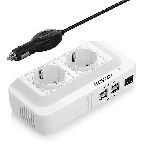 Produktbild: BESTEK 200W KFZ Spannungswandler Wechselrichter DC 12V auf AC 230V mit 2 Steckdosen und 4 USB Autoladegerät inklusive Zigarettenanzünder Stecker Weiß
