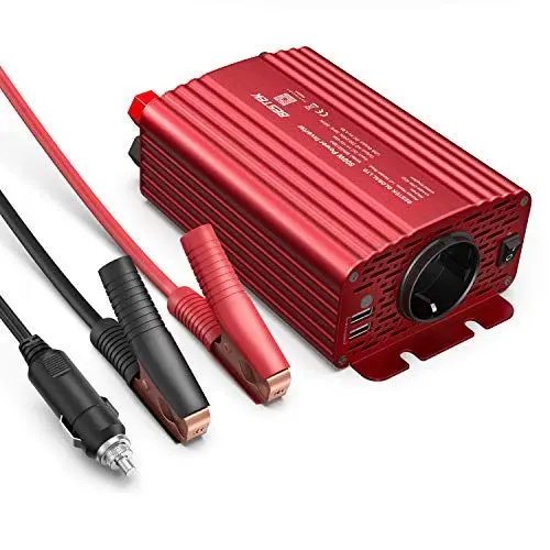 Produktbild: BESTEK Konverter Trafo 12 V 220 V 240 V 500 W Spannungswechselrichter 2 USB-Anschlüsse 5 V/4,8 A und 1 EU-Stecker, EIN Paar Batterieclips mit 2 Sicherungen für Ladegerät Auto Boot Camper, Rot