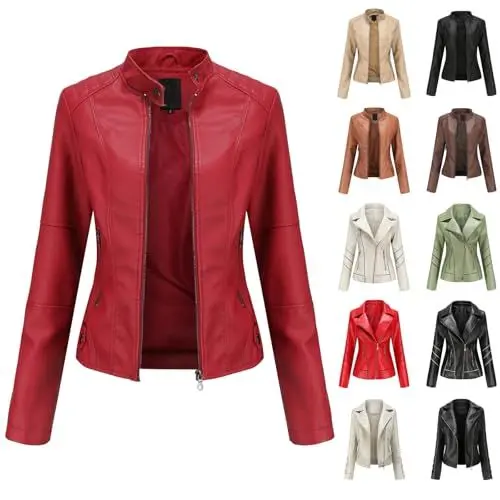 Produktbild: Outlet Angebote Sale, Festival Must Haves Frauen, Kunstlederjacke Damen Kurz Lederjacke Langarm Motorradjacke Winterjacke Mit Reißverschluss Stehkragen Ledermantel Bomberjacke, Artikel Unter 2 Euro