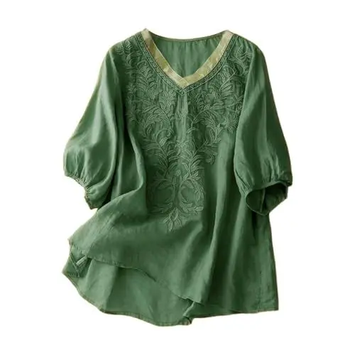 Produktbild: Bestickte Tops für Frauen Floral Baumwolle Leinen Tunika T-Shirt T-Shirt Frauen 3/4 Ärmel V-Ausschnitt Boho Ethno Latzhose Kurz Damen (Green-g, XXL)
