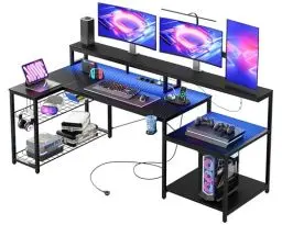 Produktbild: Bestier Gaming Tisch, 181x80 cm Schreibtisch mit LED-Leuchten, L-förmiger Schreibtische mit 3 AC-Steckdosen und 2 USB Ladeanschluss, Computertisch mit großzügiger Monitorablage, Kohlefaser Schwarz