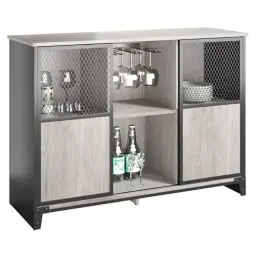 Produktbild: Bestier Industrie Bar-Schrank für Spirituosen und Gläser mit schiebbarer Metallgittertür Küchenbeistelltisch Buffet mit Weinregal und verstellbarem Regal Home Bar Möbel Grau