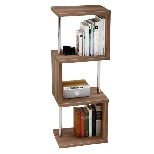 Produktbild: Bestier S-förmiges Bücherregal mit 3 Ebenen, freistehend, modernes Regal mit Metallrahmen, Ausstellungsregal für Wohnzimmer, Schlafzimmer, Büro, braun