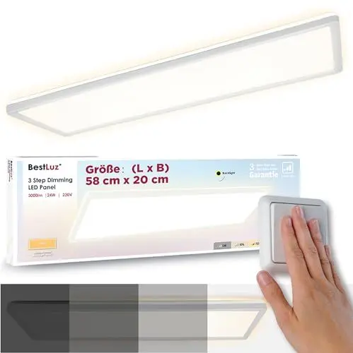 Produktbild: BestLuz Deckenlampe LED Deckenleuchte 580x200x28mm (LxBxH) Dreistufige Dimmbar Rechteckig LED Panel Ultra Flach 3000LM 24W Neutralweiß 4000K mit Backlight für Badezimmer Schlafzimmer Wohnzimmer Küche