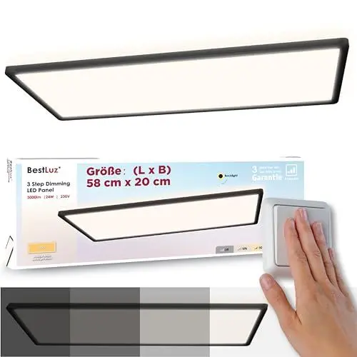 Produktbild: BestLuz Deckenlampe LED Deckenleuchte 58x20 CM (LxBxH) Dreistufige Dimmbar Rechteckig Schwarz LED Panel Ultra Flach 3000 LM 24W Neutralweiß 4000K mit Backlight für Badezimmer Schlafzimmer Wohnzimmer