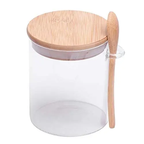 Produktbild: BESTONZON 420 ml Gew¨¹rzgl?ser Glas Gew¨¹rzbeh?lter mit L?ffel Holzdeckel Lebensmittelaufbewahrungsdose f¨¹r K¨¹che Tee Kaffee Zucker Salz