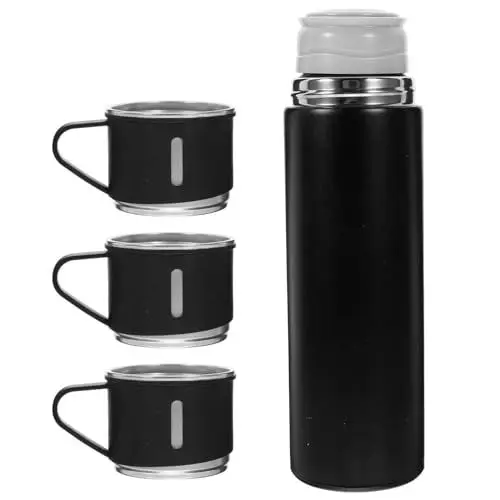 Produktbild: BESTonZON 1 Stück Isolierflasche Aus Edelstahl 304 500 Ml Isolierflasche Becher Reiseflasche Tragbare Wasserflasche Mit 3 Tassen Für Kaffee Tee Heißgetränk Kaltgetränk Reisebecher – Schwarz