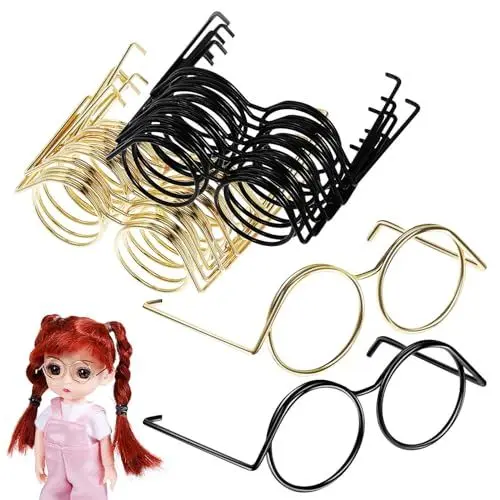 Produktbild: BESTonZON 20 Paar Kleine Puppenbrillen: Metalldrahtrand-Brillen Mit Klaren Gläsern Stoffpuppen-Anziehbrillen Für Puppenkostümzubehör (Golden Schwarz)
