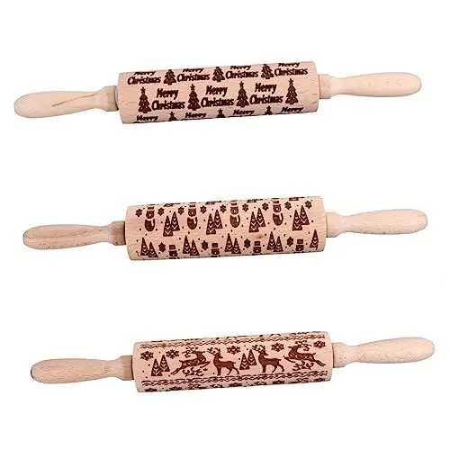 Produktbild: BESTonZON 3st Weihnachts Nudel Holz Rollendes Backen DIY Geprägte Teigrolle Rollstäbchen Backen Prägung Nudelholz Weihnachten Frohe Weihnachten Nudelholz Kochnadeln Für Die Küche Brot Buche