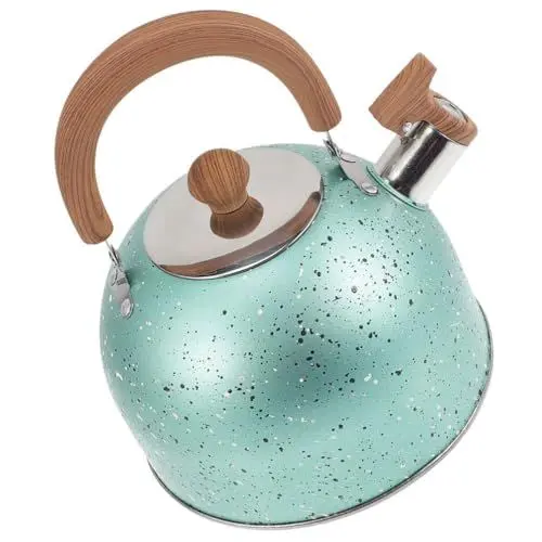 Produktbild: BESTonZON Edelstahl Pfeifenkessel Wasserkessel Pfeifkessel Flötenkessel 3 Liter Teekessel Pfeife Wasserkocher mit Holz Pfeifton Griff Induktion Gasherd für Zuhause Küche Camping Grün