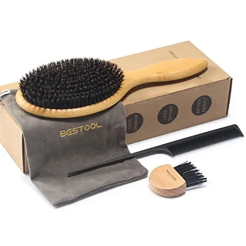 Produktbild: BESTOOL Haarbürste, Wildschweinborsten Bürste für Damen Herren Kinder, Bambus Paddel Naturborsten für dünnes, feines Haare, Verbesserung der Haartextur (Bambus)