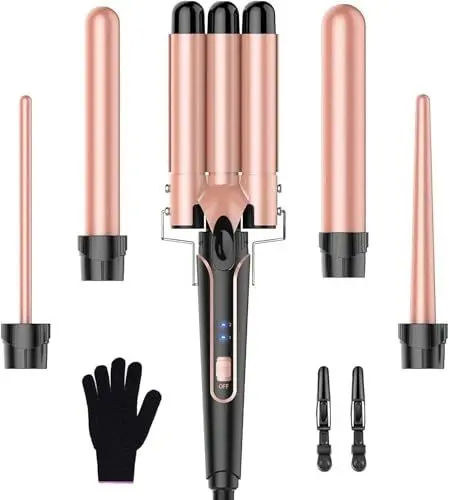 Produktbild: BESTOPE PRO Lockenstab Lockenstäbe 3 Fässer Welleneisen 5 in 1– Lockenstab Set 3 Fässer für großer Wellen, Temperatureinstellung, Schnellaufheizung und einem Handschuh, 2 Clips, Roségold