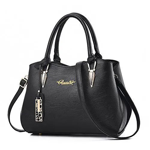 Produktbild: BestoU Damen Handtasche Schwarz Leder groß Damen Schultertasche Frauen Umhängetasche (Schwarz)