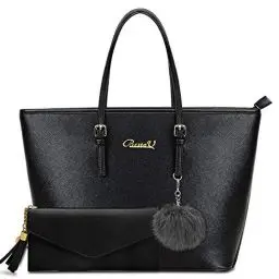Produktbild: BestoU Handtasche Damen Elegant Umhängetasche Tasche Damen Shopper Damen Schultertasche Große mit einer Damen Geldbörse und Pelz Kugel Plüsch Schlüsselring (Schwarz)