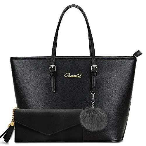 Produktbild: BestoU Handtasche Damen Elegant Umhängetasche Tasche Damen Shopper Damen Schultertasche Große mit einer Damen Geldbörse und Pelz Kugel Plüsch Schlüsselring (Schwarz)