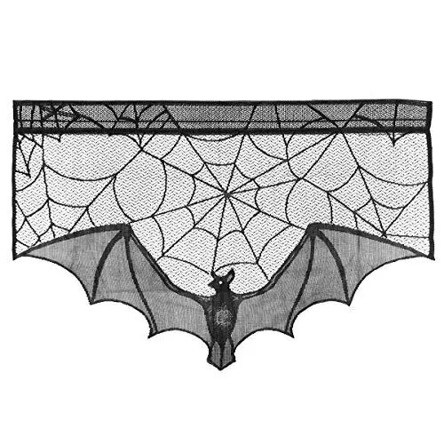 Produktbild: Halloween Kamin Tuch Fledermaus Spinnennetz Spitze Ofen Tuch für Wohnzimmer Kamin (schwarz)