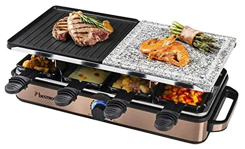 Produktbild: Bestron 2-in-1 Raclette-Partygrill: elektrisches Raclette für bis zu 8 Personen, kratzfester Naturgrillstein & antihaftbeschichtete Grillplatte, 8 Pfännchen & 8 Schaber, 1.400 Watt, Farbe: Kupfer