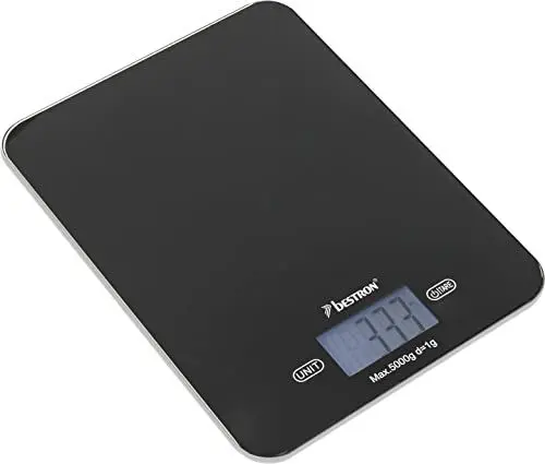 Produktbild: Bestron AKS710Z Digitale Küchenwaage mit LCD-Anzeige, Tragkraft 5 kg, Präzision auf 1 g, Glas, Schwarz