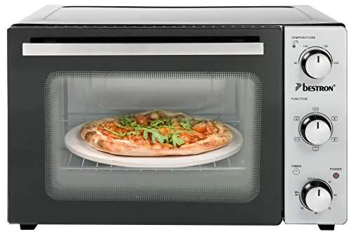 Produktbild: Bestron AOV31PS Kompakter Mini-Backofen mit Drehspieß und Pizzastein, 31 Liter, 1500 Watt, Edelstahl