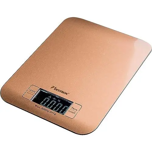 Produktbild: Bestron Küchenwaage, digitale Küchenwaage mit großer LCD-Anzeige, 4 Wiegeeinheiten: Kg, Gramm, Unzen & Pfund, Tragkraft 5 kg, Hohe Präzision auf +/-1g, inkl. Batterie, Farbe: Kupfer