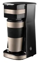 Produktbild: Bestron Kaffeemaschine mit Isolierbecher, Camping Kaffeemaschine für gemahlenen Filterkaffee, kleine Kaffeemaschine für 2 Große Tassen, 750 Watt, Edelstahl, Farbe: hellbeige/satin