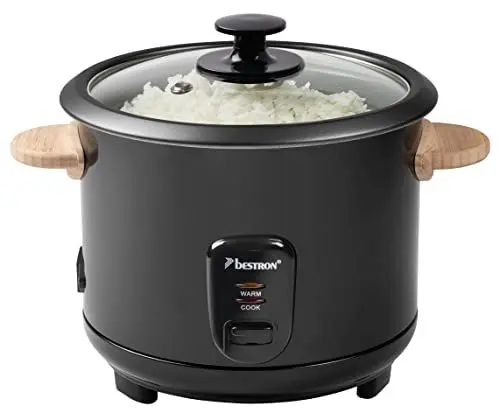 Produktbild: Bestron Reiskocher mit Holzgriffen, für 8-10 Personen, inkl. Messbecher & Reislöffel, mit Warmhaltefunktion, 1,8 Liter Fassungsvermögen, 700 Watt, Farbe: Schwarz