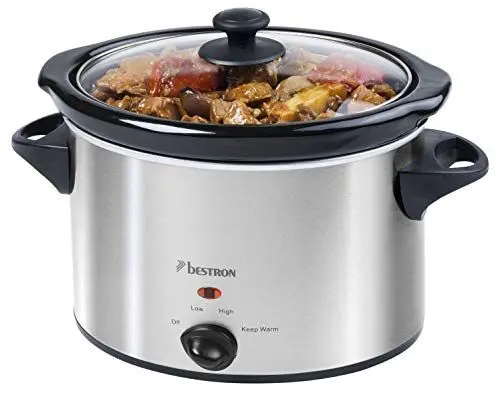 Produktbild: Bestron Slowcooker für 4 Personen, Schongarer mit Keramikpfanne & Glasdeckel, 3 Stufen-Thermostat, ideal für viele Gerichte wie Fleisch, Suppen & Gemüse, 3.5 Liter, Farbe: Silber