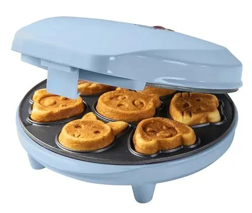 Produktbild: Bestron Waffeleisen für Mini-Cookies, Mini-Cookie-Maker in Tiermotiven, Waffeleisen für Mini-Waffel-Kekse, mit Backampel & Antihaftbeschichtung, 700 Watt, Farbe: Gelb