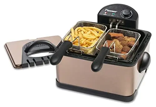 Produktbild: Bestron XL Öl-Fritteuse mit 3 Frittierkörben, inkl. Kaltzonentechnologie & herausnehmbaren Ölbehälter, 4 Liter, spülmaschinengeeignet, 2000 W, Edelstahl, Farbe: Kupfer