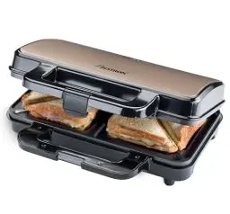 Produktbild: Bestron XL Sandwichmaker, Antihaftbeschichteter Sandwich-Toaster für 2 Sandwiches, inkl. automatischer Temperaturregelung & Bereitschaftsanzeige, 900 Watt, Farbe: Hellbeige/Satin