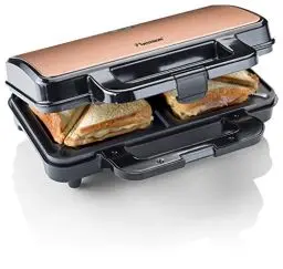 Produktbild: Bestron XL Sandwichmaker, Antihaftbeschichteter Sandwich-Toaster für 2 Sandwiches, inkl. automatischer Temperaturregelung & Bereitschaftsanzeige, 900 Watt, Farbe: Schwarz/Kupfer