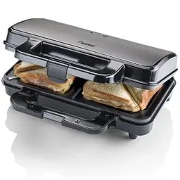 Produktbild: Bestron XL Sandwichmaker, Antihaftbeschichteter Sandwich-Toaster für 2 Sandwiches, inkl. automatischer Temperaturregelung & Bereitschaftsanzeige, 900 Watt, Farbe: Titangrau