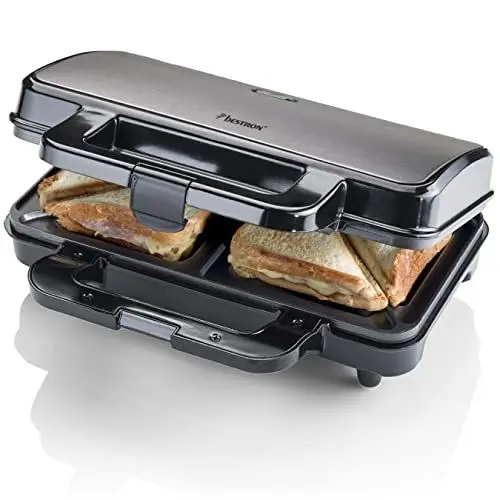 Produktbild: Bestron XL Sandwichmaker, Antihaftbeschichteter Sandwich-Toaster für 2 Sandwiches, inkl. automatischer Temperaturregelung & Bereitschaftsanzeige, 900 Watt, Farbe: Titangrau