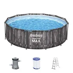 Produktbild: Bestway Steel Pro MAX Frame Pool-Set mit Filterpumpe Ø 366 x 100 cm, Holz-Optik (Mooreiche), rund
