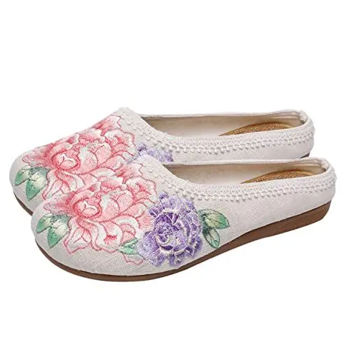 Produktbild: BESTYASH 1 Paar Flache Sandalen Aus Stoff Retro-Schuhe Für Frauen Wohnungen Stickerei Pantoffeln Schuhe Damen Pantoletten Mopp-Hausschuhe Für Damen Komfortschuhe Für Damen Sohle: Gummi Grey