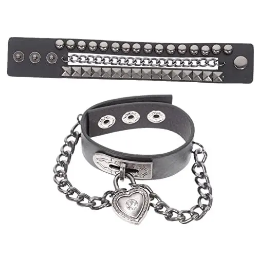 Produktbild: BESTYASH Kettenarmband mit Nieten Punk-Armreif Punk-Accessoires Lederarmband mit Nieten Punk-Armband mit Ketten Gothic-Armbänder Armmanschettenschmuck für Frauen Legierung Black
