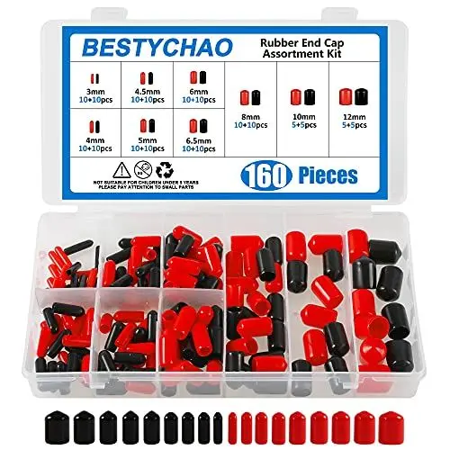 Produktbild: BESTYCHAO 160pcs 9 Größen Gummiendkappen Sortiment, Schraubengewindeschutz Rundrohr Bolzenkappenabdeckung Schwarz und Rot