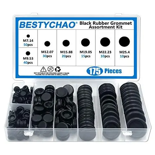 Produktbild: BESTYCHAO 175pcs 7 Größen Schwarze Gummitülle Elektrischer Leiter Dichtungsring-Sortiment zum Schutz von Drähten, Steckern und Kabeln