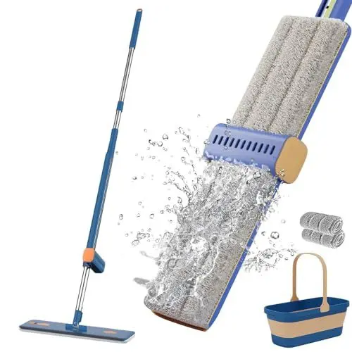 Produktbild: bestyks Großer Flachmopp Eimer,Handfreier Wischmopp Flachmopp Set mit Eimer,Bodenwischer Set mit Auswringfunktion,360°Spin Nass-Trockenmop Set für Bodenreinigung Fliesen(2 Cloths Blau)