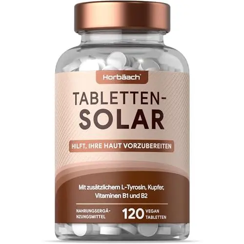 Produktbild: Beta Carotin Hochdosiert | Tanning Tablets Komplex mit L-Tyrosin und Kupfer | Bräunungstabletten | Gerbstoffpräparat | 120 Vegane Tabletten | by Horbaach