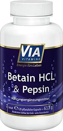 Produktbild: Betain HCL + Pepsin 120 vegane Kapseln, 1700mg Betain HCL, hochdosiert, in Deutschland hergestellt