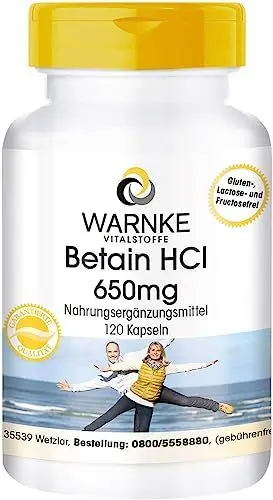 Produktbild: Betain HCl 650mg - Betain Hydrochlorid - 120 Kapseln - hochdosiert - vegan | Warnke Vitalstoffe - Deutsche Apothekenqualität