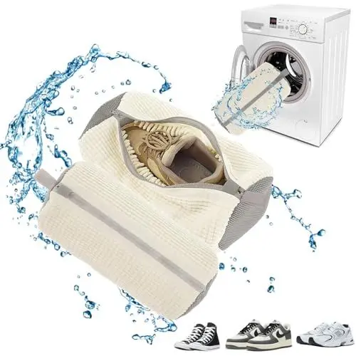 Produktbild: Betensh 2Pcs Sneaker Waschbeutel, Schuhwaschbeutel Waschmaschine, 19×39cm Schuhbeutel Waschmaschine, Wäschesack Schuhe mit Reißverschluss, Schuh Waschbeutel für Waschmaschine Wiederverwendbar(Weiß)