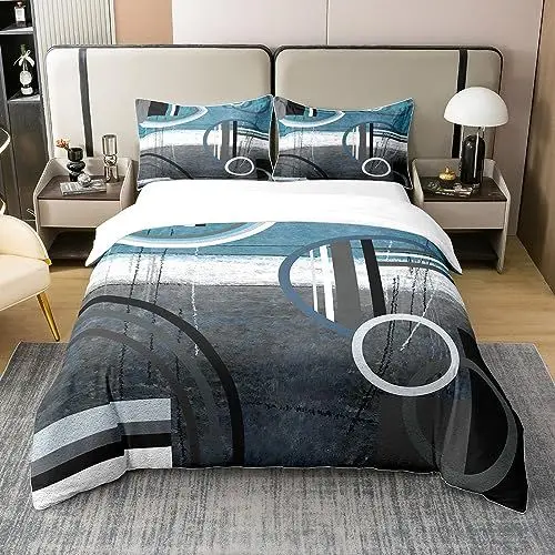 Produktbild: Bettbezug, Blau und Grau, Bettwäsche, 220 x 240 cm, 100 % Baumwolle, geometrische Kreise, für Kinder, Jungen, Jugendliche, Bettwäsche, Aquarell, Grunge, Bettbezug, geometrisch, modern
