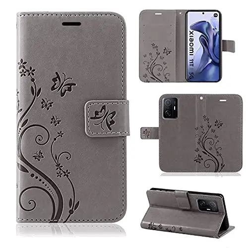 Produktbild: betterfon Hülle Kompatibel mit Xiaomi 11T / 11T Pro | Premium PU Leder Handyhülle Wallet Case für 11T / 11T Pro | Schutzhülle Blumen Klapphülle Handyhülle | Grau