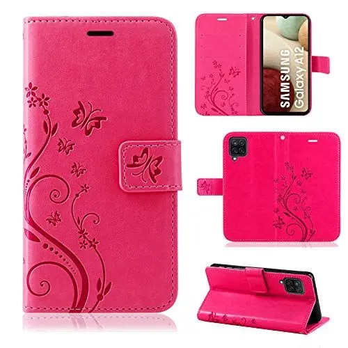 Produktbild: betterfon Samsung Galaxy A12 Hülle - Handyhülle Samsung A12 Klapphülle Schutzhülle mit Kartenfächer für Galaxy A12 Blume Pink